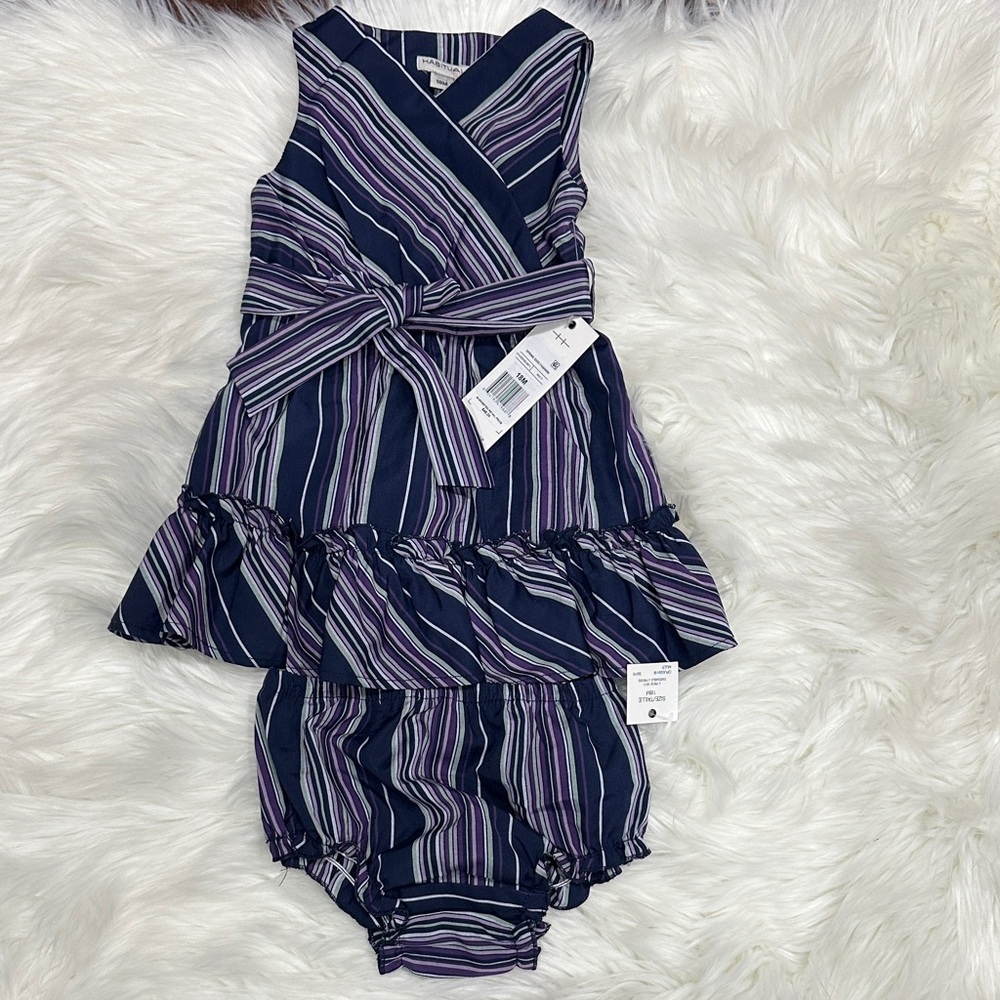 Habitual Baby Girl Romper Dress Set Striped Tie Waist Navy Purple Size 18M